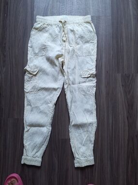 NICOLE MILLER Pants Linen Jogger Beige Cargo Pull On Summer Beach Womens Sz M